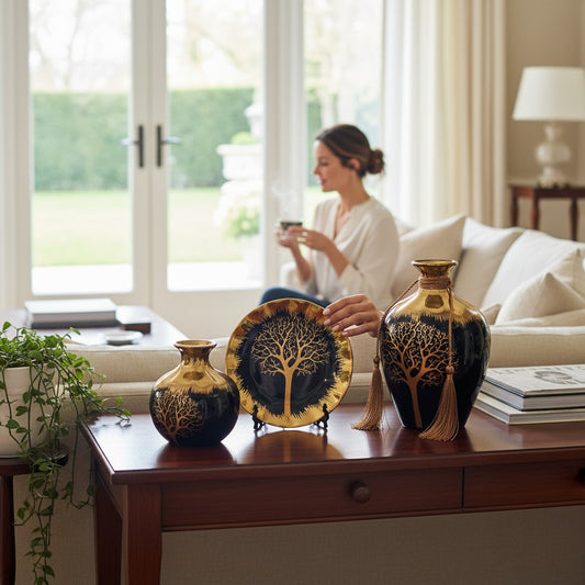 Antique Floral Vase Set with Plate